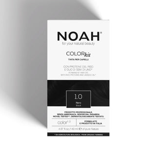 NOAH Colorkit hair color box in Black, featuring a white and black design with Italian text and the shade indicator '1.0 Nero Black'.