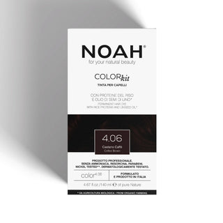 NOAH Colorkit hair color box in shade 4.06 Castorino Caffè, featuring a white and dark brown design with Italian text.