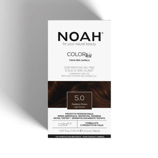 NOAH Colorkit hair color box in shade 5.0 Castorio Chiaro, featuring white packaging with black text and a dark brown hair swatch on a light gray background.