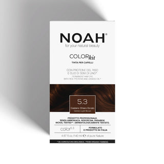 NOAH Colorkit hair color box in shade 5.3 Castano Chiaro Dorato, featuring a white box with black text and a brown hair swatch on a light gray background.