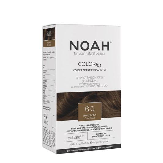 Vopsea de par permanenta, fara amoniac, cu proteina de orez si ulei de in organic, 6.0 Blond inchis, NOAH COLOR kit, 140 ml