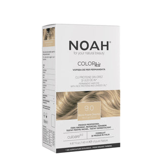 NOAH Colorkit permanent hair color box in shade 9.0 Blonde Faisce Destrut, featuring a white box with blonde hair imagery and product details.