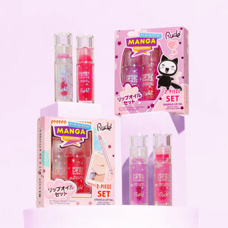 Set 2 x ulei de buze cu sclipici, pH-reactiv, care isi schimba culoarea, cu aroma de capsune & struguri, Manga Collection, Rude Cosmetics, 2 x 4 ml