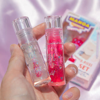 Set 2 x ulei de buze cu sclipici, pH-reactiv, care isi schimba culoarea, cu aroma de pepene verde & menta, Manga Collection, Rude Cosmetics, 2 x 4 ml