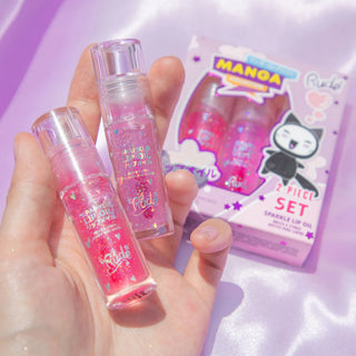 Set 2 x ulei de buze cu sclipici, pH-reactiv, care isi schimba culoarea, cu aroma de capsune & struguri, Manga Collection, Rude Cosmetics, 2 x 4 ml