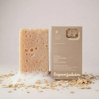 2 in 1 Burete de baie si sapun incorporat, cu fulgi de ovaz, efect calmant & exfoliant, Esponjabon, 120 gr