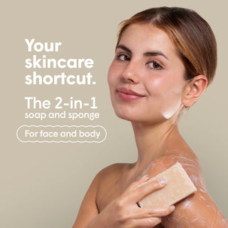 2 in 1 Burete de baie si sapun incorporat, cu fulgi de ovaz, efect calmant & exfoliant, Esponjabon, 120 gr