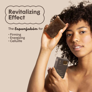 Woman holding a brown exfoliating scrub and a black box with text about its revitalizing effect.