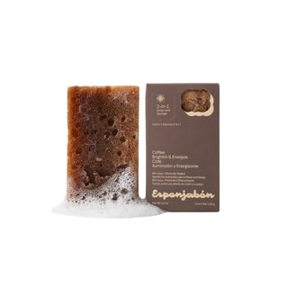 Coffee-scented bar of soap with packaging on a white background