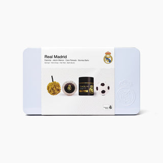 Set cadou pentru barbati, cosmetice par si corp in cutie metalica, Real Madrid, 4 articole
