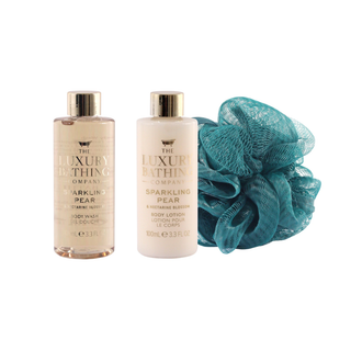 Set cadou Glamorous Glow, Sparkling Pear & Nectarine Blossom, 100 ml Gel de dus, 100 ml Lotiune corp & Burete exfoliant corp, The Luxury Bathing Company Tuju -