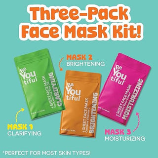 Set 3 masti faciale tip servetel, purifianta, hidratanta & iluminatoare pentru adolescenti si tineri, Be-You-tiful, 20 ml x 3