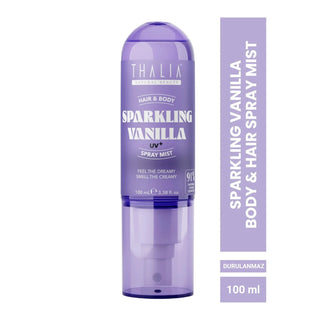 Thalia Sparkling Vanilla UV Spray Mist 100 ml bottle on a white background, with a vertical purple label on the right reading 'SPARKLING VANILLA BODY & HAIR SPRAY MIST' and 'DURULANMAZ 100 ml'.