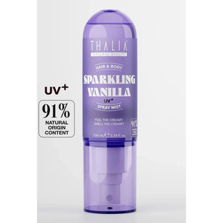 Thalia Natural Scents UV+ Sparkling Vanilla Spray Mist in a translucent purple bottle, shown on a light gray background with a '91% Natural Origin Content' badge on the left.