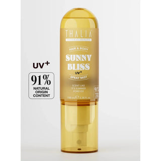 Thalia Sunny Bliss UV+ Spray Mist in a translucent amber-yellow bottle, shown on a light gray background with a '91% Natural Origin Content' badge on the left.