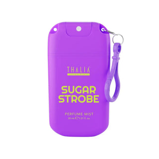 A purple Thalia Sugar Strobe perfume mist container with a matching wrist strap and metal carabiner, shown on a plain white background.