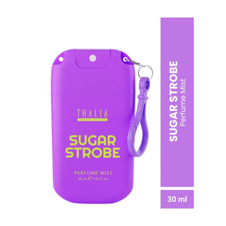 A purple Thalia Sugar Strobe perfume mist bottle with a matching wrist strap, shown on a white background next to a vertical purple label that reads 'SUGAR STROBE Perfume Mist' and '30 ml'.