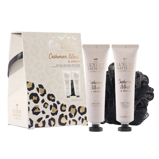 Set cadou Perfect Night In, Cashmere, Musk & Amber, 100 ml Gel de dus, 100 ml Crema corp & Burete exfoliant corp, The Luxury Bathing Company, 3 articole