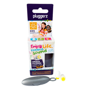 Pluggerz Kids Earplugs in retail packaging with the earplugs and a carrying case displayed in front on a white background.
