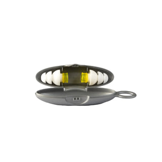 A pair of white over-ear in-ear tips inside an open dark gray oval case, with a second closed view of the case shown below on a plain white background.