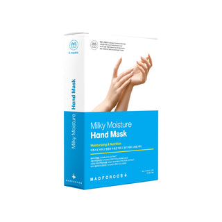A box of MAFORCOS Milky Moisture Hand Mask, featuring a white and bright blue packaging design with an image of hands on the front.