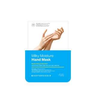 A sheet mask package labeled 'Milky Moisture Hand Mask' by MADFORCOS, shown on a white background. The lower half is bright blue with white text, and the upper half shows a close-up of hands holding a mask sheet.
