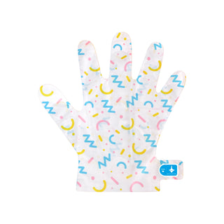 A single white protective glove with a colorful confetti pattern of pink, yellow, and blue dots, zigzags, and arcs, featuring a blue brand tag on the wrist.
