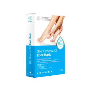 A box of MADFORCOS Silky Coconut Oil Foot Mask, featuring a white and blue design with an image of feet on the front, set against a plain white background.