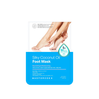 A package of MADFORCOS Silky Coconut Oil Foot Mask, featuring a white and blue design with an image of feet on the upper section and a blue lower section with product details.