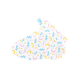A white baby blanket with a colorful 90s-style abstract pattern of pink, yellow, and blue semicircles, zig-zag lines, and dots, shown on a plain white background.