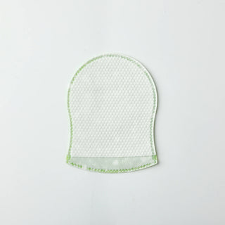 A white mesh baby washcloth with a light green stitched border, shown flat against a clean white background.