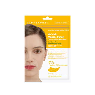 A package of MADFORCOS+ Wrinkle Master Patch on a plain white background. The packaging features a bright yellow top section with product details and a photo of a woman's face on the left, alongside a yellow sheet mask illustration at the bottom.