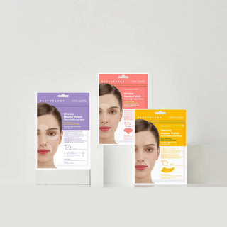 Three stand-up pouches of MAFONORO4 Wrinkle Master Patch face masks in purple, pink, and yellow variants, arranged on a white surface against a light gray background.