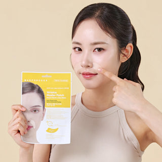 A woman applies a facial wrinkle patch to her cheek while holding the product packaging, which is a yellow and white sheet mask by Narforgcos. The background is a solid light beige color.