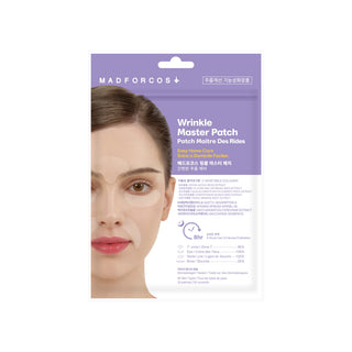 Madforcos Wrinkle Master Patch skincare packaging, featuring a purple and white design with a model wearing a white face mask on the front.