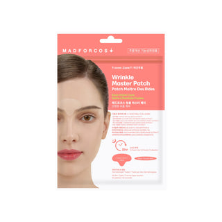 Madforcos Wrinkle Master Patch skincare packaging, featuring a coral pink and white design with a model's face showing the applied patch.