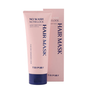 Pink hair mask tube with blue cap and trimay branding on a white background