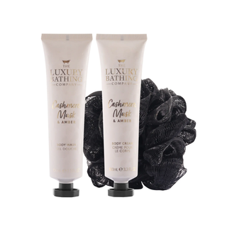 Set cadou Perfect Night In, Cashmere, Musk & Amber, 100 ml Gel de dus, 100 ml Crema corp & Burete exfoliant corp, The Luxury Bathing Company, 3 articole Tuju -