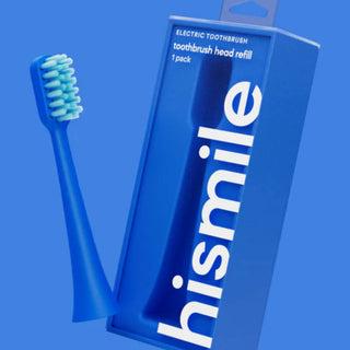 A blue electric toothbrush with mint-green bristles shown beside its retail box on a solid blue background. The box has large white 'hismile' branding and text reading 'electric toothbrush toothbrush head refill 1 pack'.