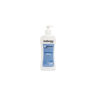 A bottle of babaria Naturals Hyaluronic Moisturizer in a white plastic pump bottle with a blue label, centered on a plain white background.