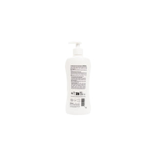 A white plastic pump bottle shown from the back, featuring a white pump dispenser and a gray and black label with text and icons, set against a plain white background.