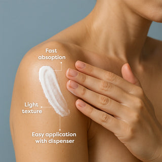 Person applying cream to shoulder with text on fast absorption, light texture, and easy application.
