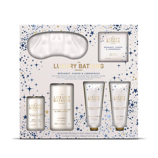 Set Ultimate Pamper, 1 x 250 ml Gel de dus, 1 x 100 ml Spumă de baie, 1 x 50 ml Crema pentru maini & unghii, 1 x 50 ml Crema de corp, 1 x 80 g Cristale de baie, 1 x Masca de dormit Luxury, Bergamot, Ginger & Lemongrass, The Luxury Bathing Company