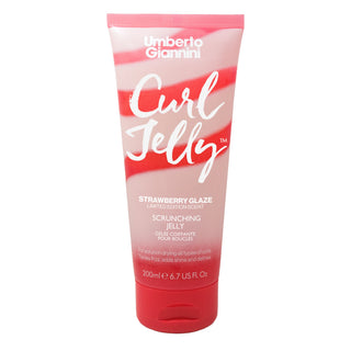A 200ml squeeze tube of Umberto Giannini Curl Jelly Scrunching Jelly in Strawberry Glaze scent, featuring a pink and red gradient design with white text, set against a plain white background.