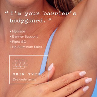 Close-up of a woman's underarm and hand with text promoting a bodyguard underarm barrier, including the phrase 'I'm your barrier's bodyguard.' and a skin type note for dry underarms.
