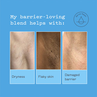 A blue informational graphic with text reading 'My barrier-loving blend helps with:' and three skin close-up panels labeled Dryness, Flaky skin, and Damaged barrier. A small circular logo at top right says Barrier Repair.