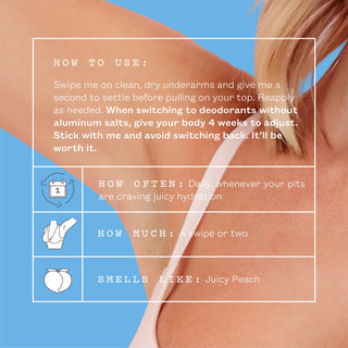 Instructional graphic showing a close-up of a woman's upper back and shoulder with text explaining how to use a deodorant stick, including how often to use it and what scent it resembles. The background is split between light blue and skin tones, with white text boxes and simple icons.