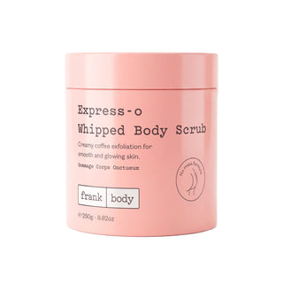 A pink cosmetic jar of Frank Body Express-o Whipped Body Scrub on a clean white background.