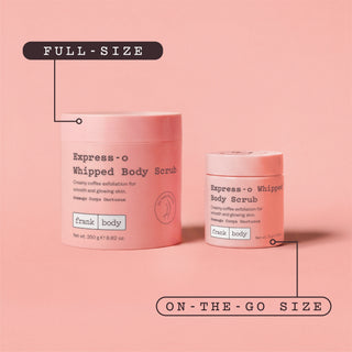 Two pink cosmetic tubs of Express-o Whipped Body Scrub by frank body are shown on a solid pink background, labeled as full-size and on-the-go size.