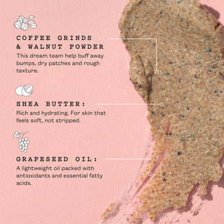 A pink cosmetic texture smear with ingredient callouts reading 'COFFEE GRINDS & WALNUT POWDER,' 'SHEA BUTTER,' and 'GRAPESEED OIL' on a soft pink background.